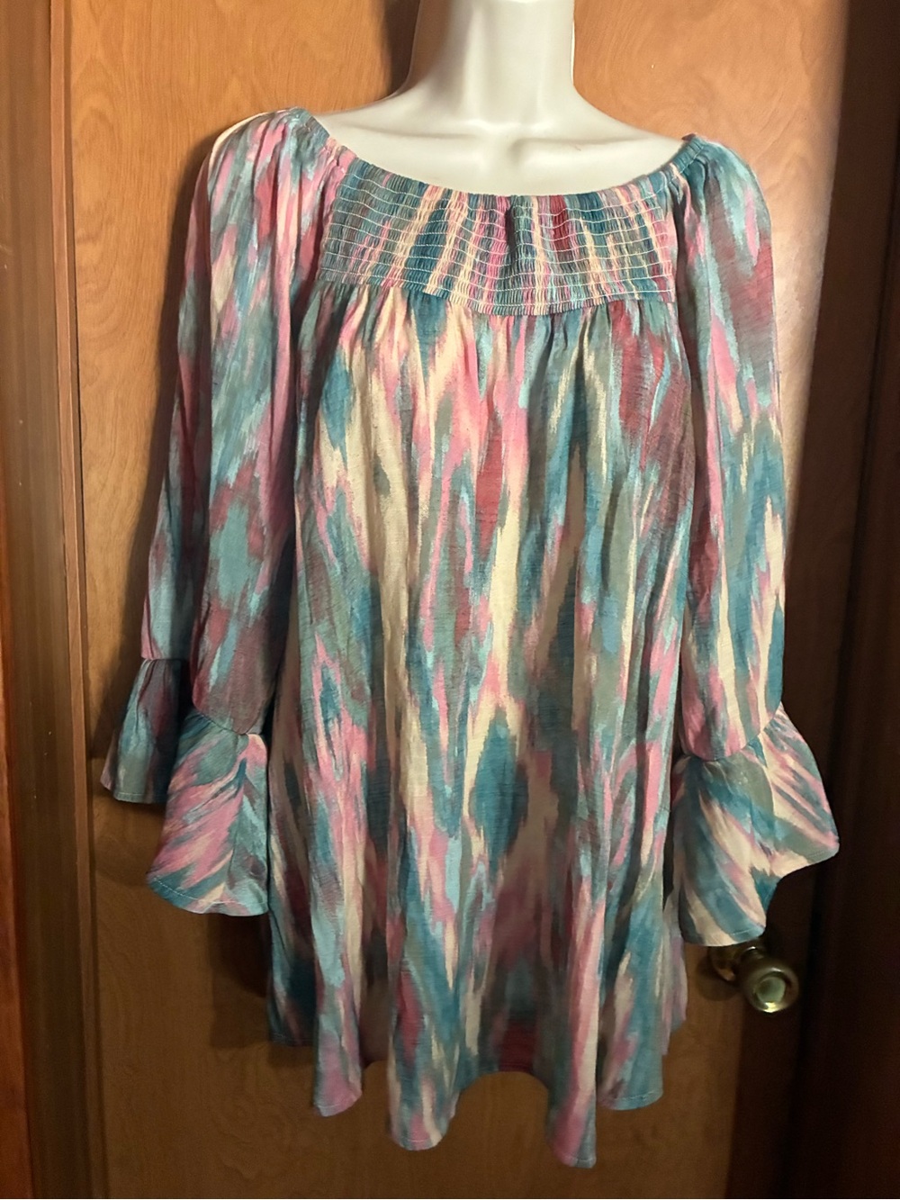 Cocomo Multicolor Smocked Neck Tunic in Teal, Pink & Cream